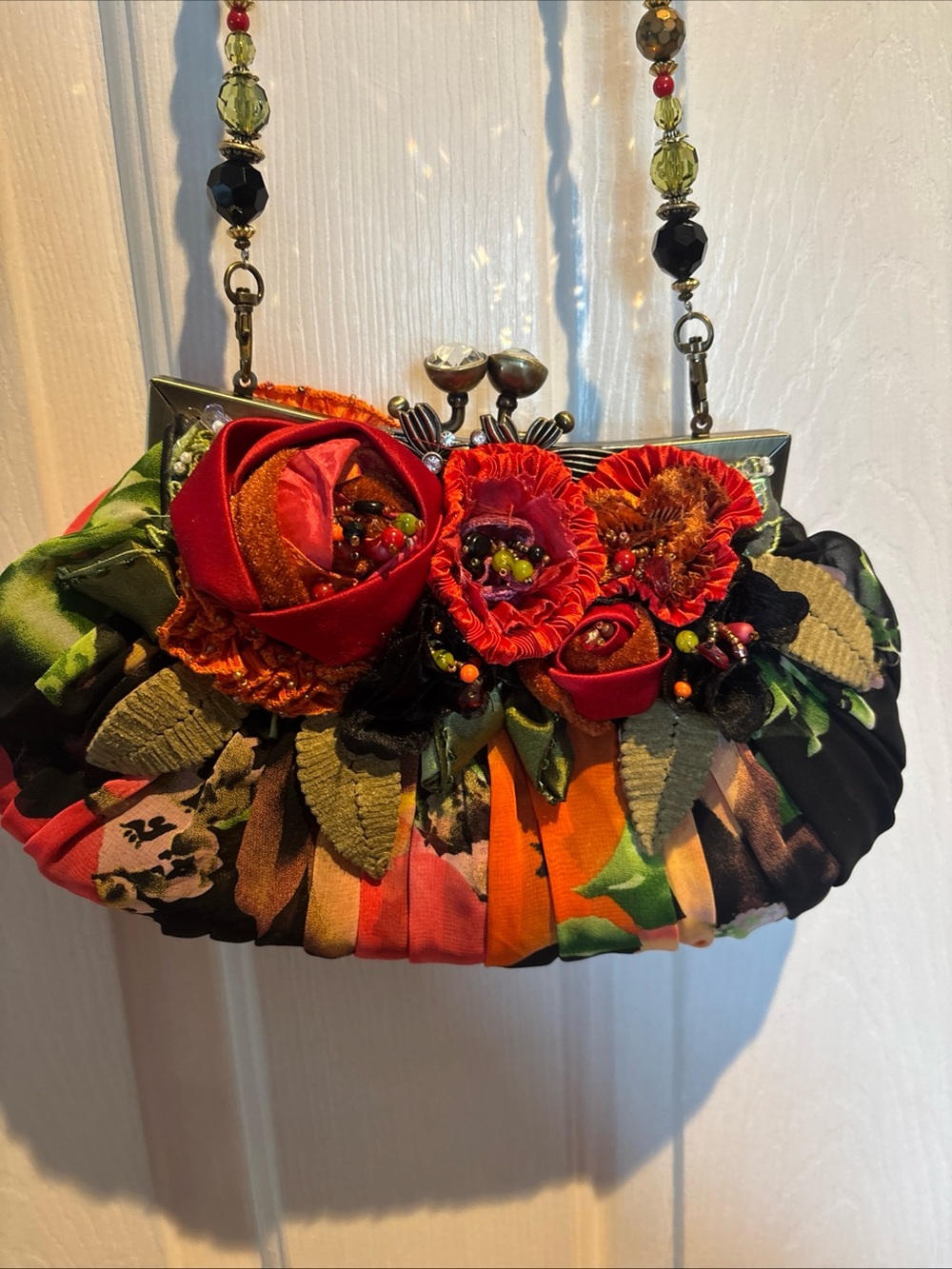 Mary Frances Red Green Multicolor Floral Beaded Strap Clutch - Picture 2 of 14